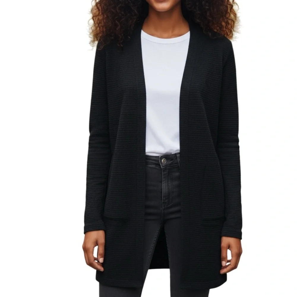 Talbots NWT Open Front Black Mid Length Ribbed Knit Cotton Blend Cardigan - Picture 4 of 10